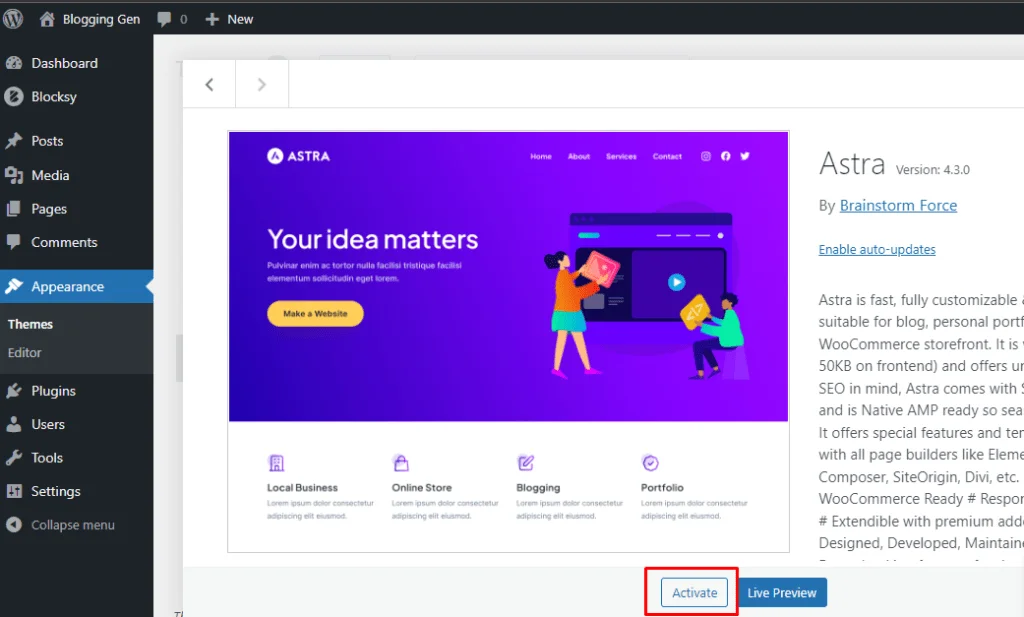 How to Install and Activate Astra Theme in 2023 on WordPress: Step-by-Step Guide 11 Locating Activate button