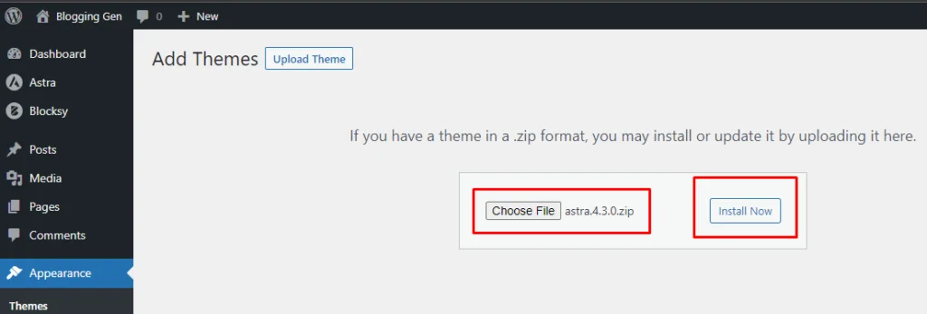 How to Install and Activate Astra Theme in 2023 on WordPress: Step-by-Step Guide 13 Choose File Option and Install option