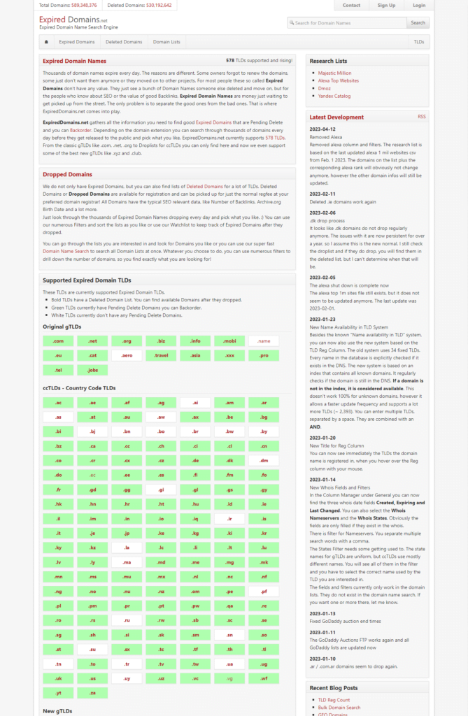 screenshot of expired domains.net