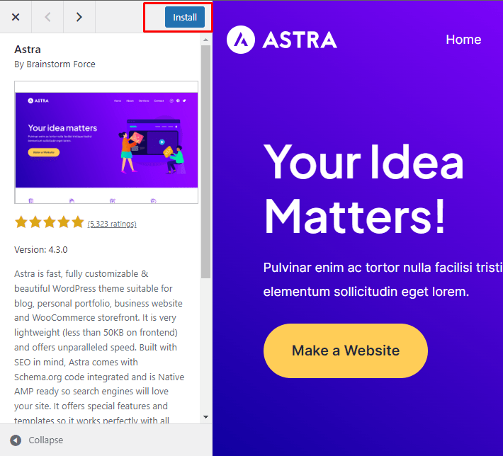 Install button of The Astra theme