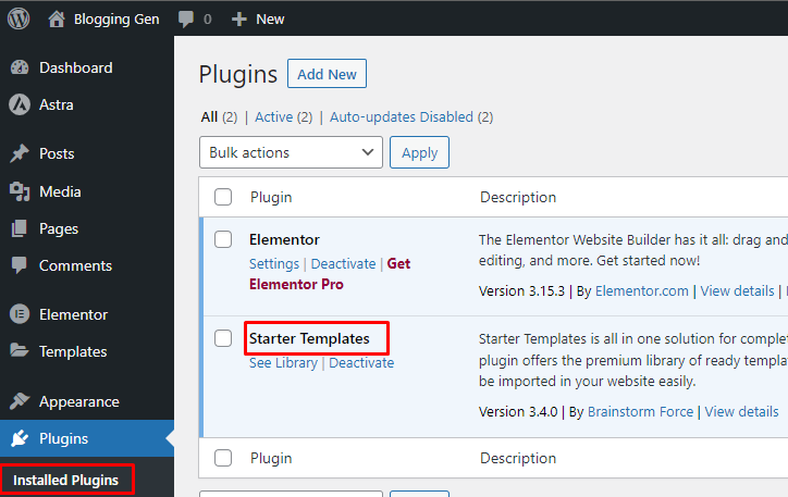 Starter Templates in Installed Plugin option