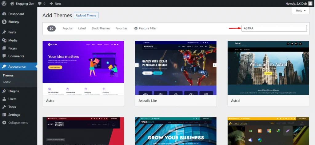 How to Install and Activate Astra Theme in 2023 on WordPress: Step-by-Step Guide 8 Type ASTRA in the search bar