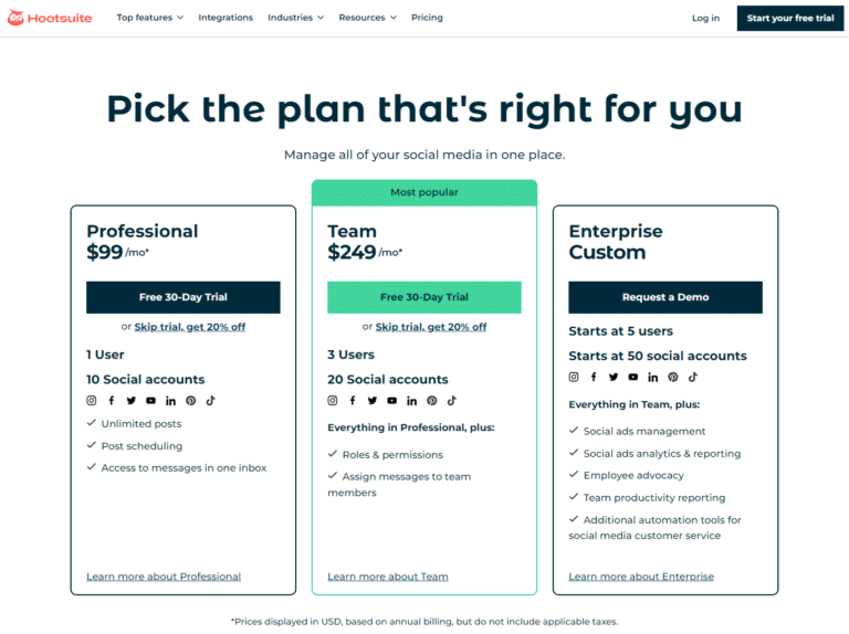 Hootsuite Pricing Plans