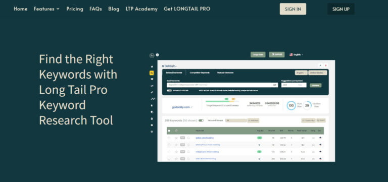 Long Tail pro keyword Research Interface