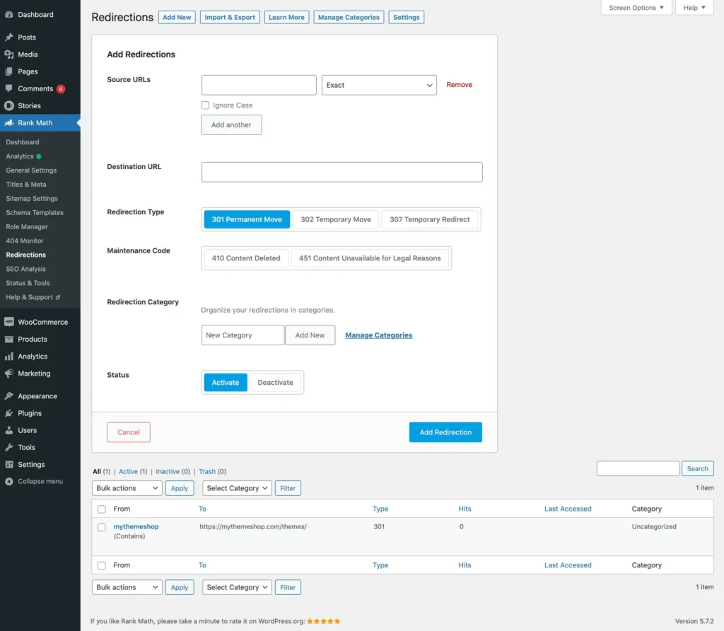 Rank Math Redirection Manager