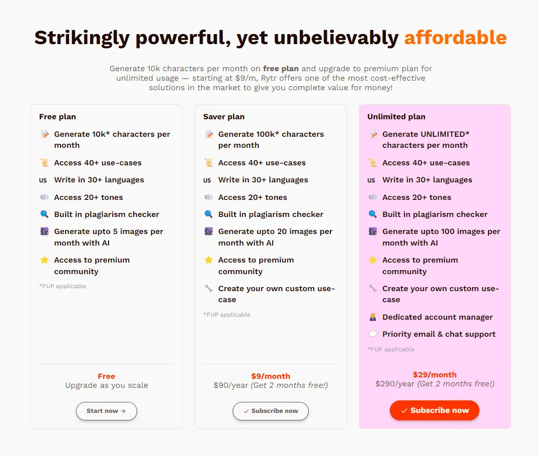Rytr AI Pricing Plan
