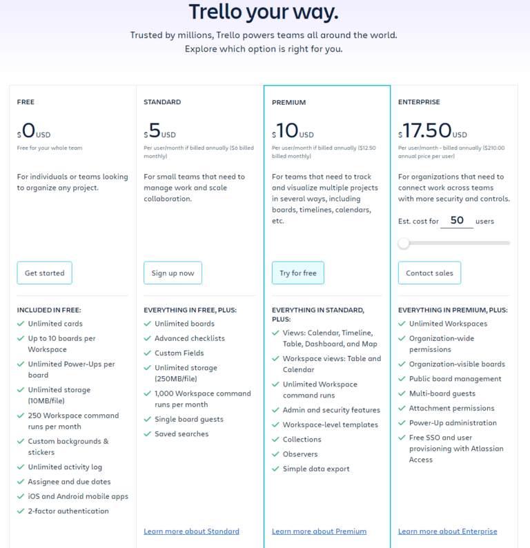 Trello Pricing Plan